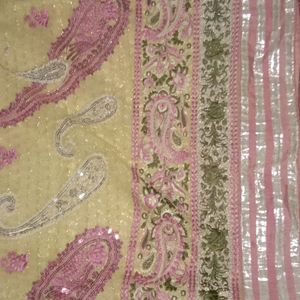 Pink And Sandal Kurta Set With Work Dupatta