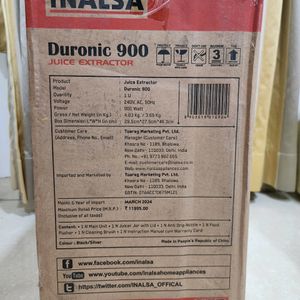 Inalsa Duronic 900W Juicer. Seal packed