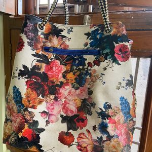 Multi Color Flowers Print Handbag With Scarf