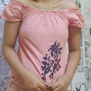 Hand Embroidered Floral Checkered Top