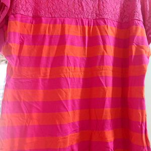 Pink And Orange Striped Women T-Shirt