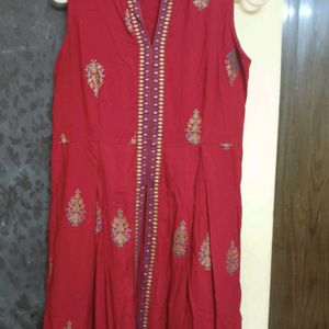 Red Front Cut Anarkali Kurti With Gold Print