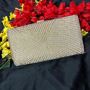 Golden evening clutch white stone embellished