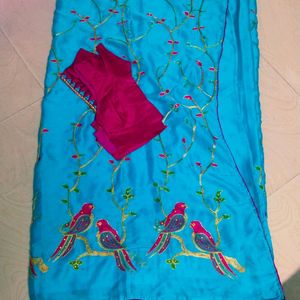 Parrot Embroidery Design Georgette Women Saree
