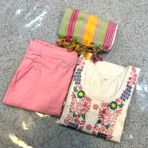 Embroidery kurti Pant With pink duppata