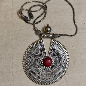 Oxidized GS Statement Pendant With Coral Stone