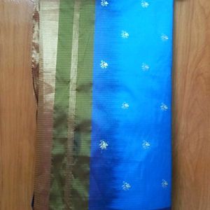 Blue Silk Saree With Purple Zari Border