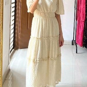 Cream Jacquard Tiered Midi Dress