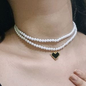 Pearl Stacked Necklace With Bkack Hearts Charm