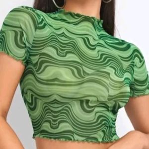 Green Patterned Mesh Crop Top