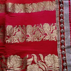 New Red Saree With Unstitched Blouse Piece