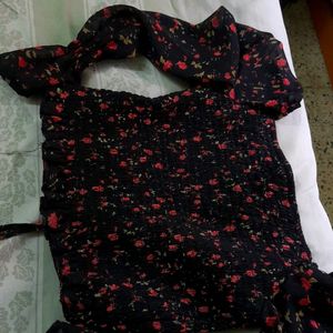 Black Crop Top With Red Flowers Free Size