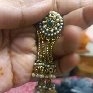 Pearl And Golden Jhumki Layered Earring