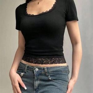 Women Y2k Lace Trim Crop Top