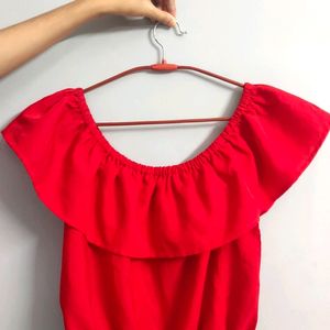 Red Solid Crop Bardot Top