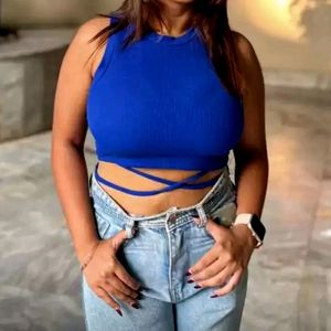 Blue Waist Tie Up Fitted Crop Top