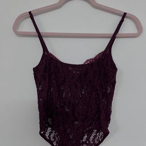 Burgundy Lace Detail Fitted Bodysuit