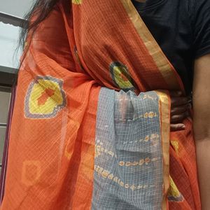 Orange Kotta Dhoria Saree With Grey Border