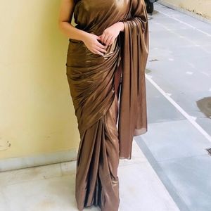 Coffee Lycra Blend Saree With Blouse Piece