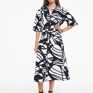 Printed Poplin Midi Shirt Dress Wit Tie Belt