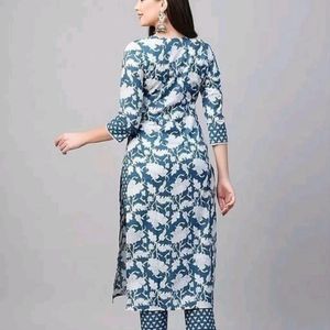 Blue Pure Cotton Printed Kurta Pant Set