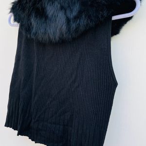 Cute Fur Design Ribbed Top