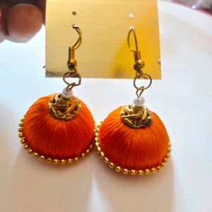 Orange Colored Silk Thread Earrings.