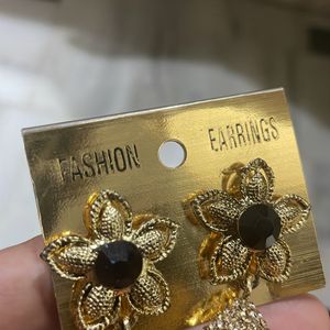 Black Golden Flower Earrings Hanging Blac Stone