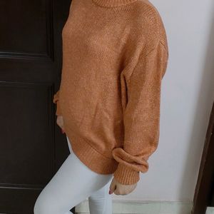 Women Orange Crew Neck Oversized Knit Rib Sweater