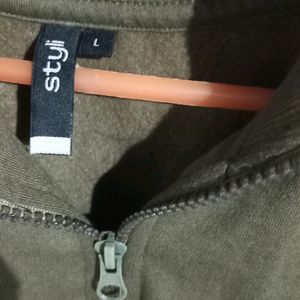 Collar Zip Drop Shoulder  Olive Sweatshirt