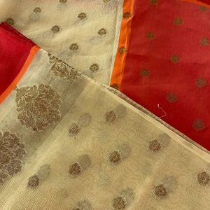 Cream Printed Cotton Silk Saree (Women)