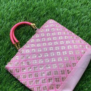 Light Pink Colour Hand Bag With Sequence Work