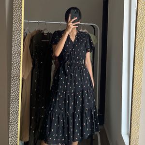 Black Floral Print  A-line Tiered Midi Dress