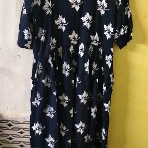 Blue Round Kurti With White Print