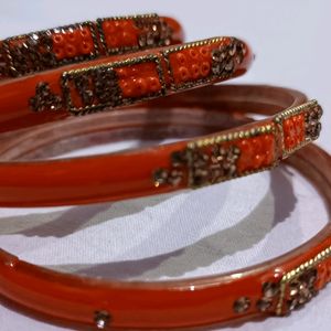 Beautiful Set Of 4 Orange Color Stone Work Kangan