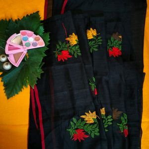 Floral Embroidery Black Cotton Saree