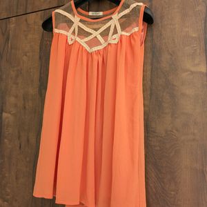 Cute Coral Top With Net Self Design Neck