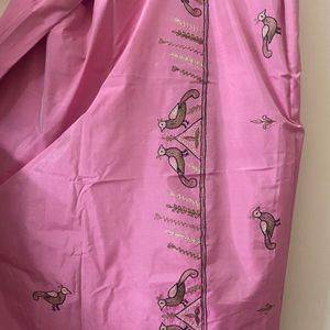 Pink Raw Silk Saree With Bird Embroidery