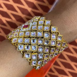 Women Golden Kundan Broad  Bracelet