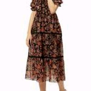 Quality Black&Rust Orange Floral Print Tiered Midi