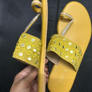 Biba (New) Yellow Embellished Open Toe Flats