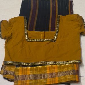 Black Mustard Saree With Woven Border And Blouse