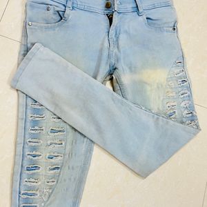 Blue Front Ribbed Designed Jeans