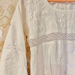 White Embroidered Chikankari Kurta, Bust- 36