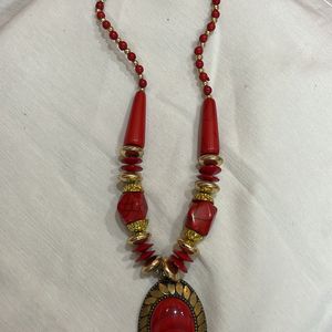 Red Boho Beaded Necklace