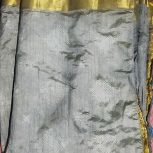 Gray Silver Saree With Golden Border