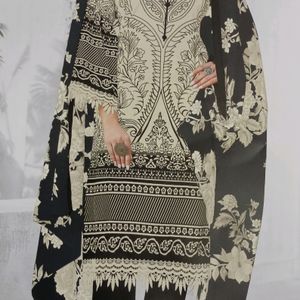 Cream Black Print Cotton Pakistani Dress