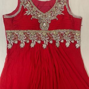 Red Long Flared Gown With Heavy Embroidery