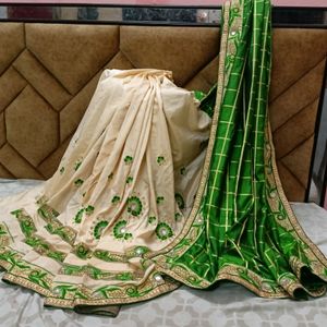 Green And Beige Wedding Saree With Blouse