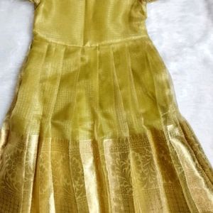 Golden Tissue Pattu Frills Frock